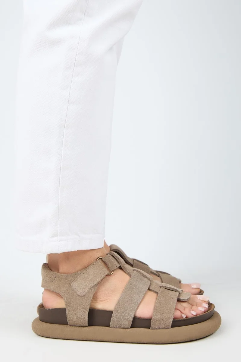 Manijero Manijero Capra Women's Genuine Leather Strap-On Velcro Mink Sandals