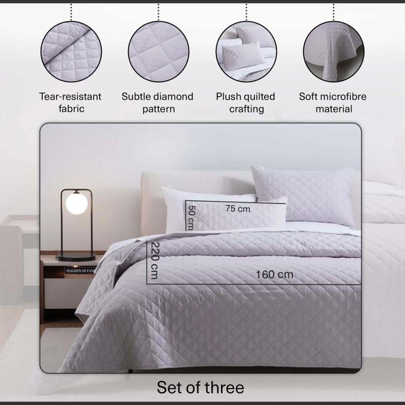 Pan Home Essential 3-piece Diamond Quilted Bedspread Set 160x220cm - Beige - 121GGO9900137 - Image 4