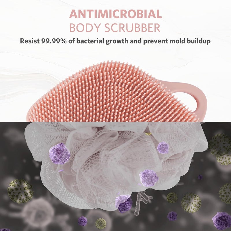Sndyi Silicone Body Scrubber, Gentle Exfoliating Shower Loofah Brush for Sensitive Skin, Leaf Shaped with Lathering Bristles, Pink - Image 3
