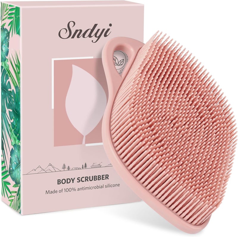 Sndyi Silicone Body Scrubber, Gentle Exfoliating Shower Loofah Brush for Sensitive Skin, Leaf Shaped with Lathering Bristles, Pink - Image 1