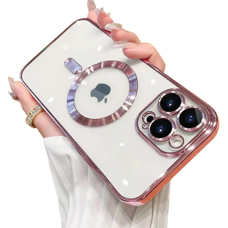 AWH OOK Phone Case Made for iPhone 14 Pro Max with Camera Lens Protector Compatible with MagSafe AntiScratch Shockproof Electroplated Slim Phone Cover for Women Men  Pink