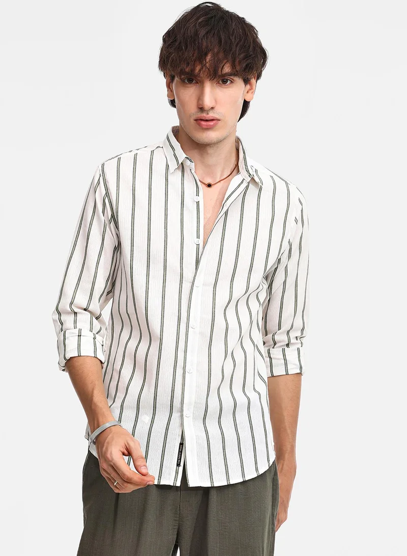 Campus Sutra Men's Saltbox Beige & Sage Green Lined Halo-Striped Shirt