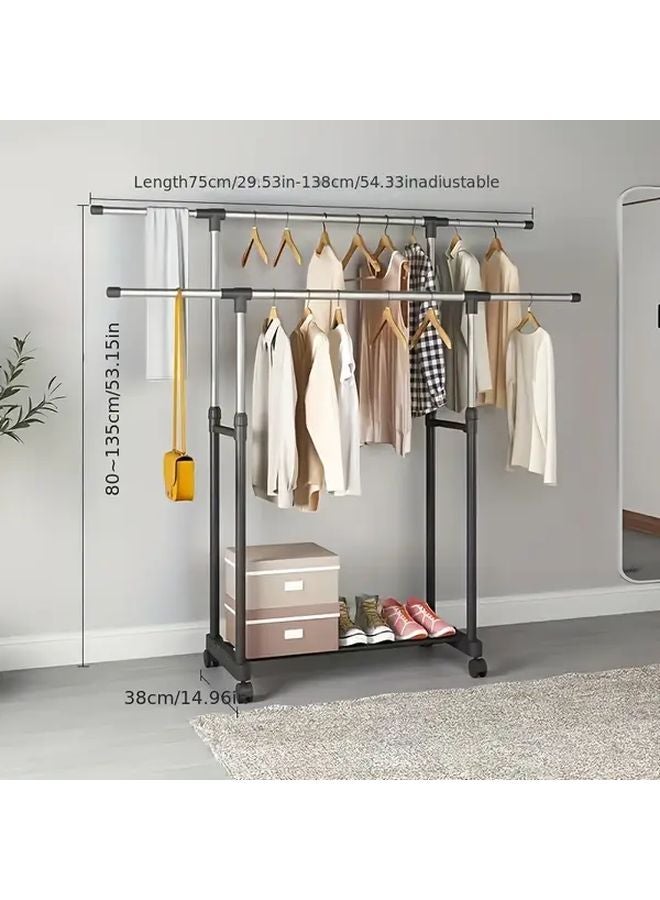 Portable Adjustable Double Rod Drying Rack With Retractable Wheels For Outdoor Balcony - Image 3