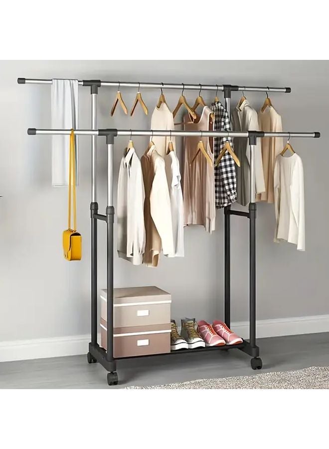 Portable Adjustable Double Rod Drying Rack With Retractable Wheels For Outdoor Balcony - Image 2