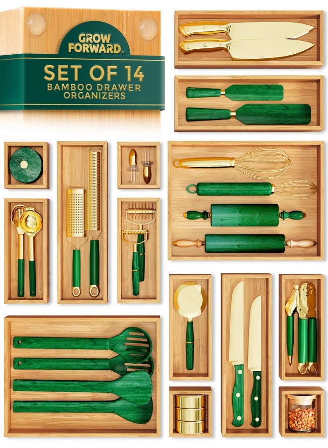 Grow Forward Bamboo Drawer Organizer Boxes - Set of 14 Wooden Drawer Organizers for Kitchen, Bathroom, Office, Desk, Vanity, Makeup - Non-Slip Junk Drawer Organizer Trays for Storage and Organization - Image 1