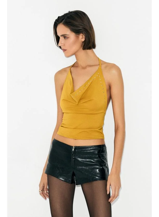 Grimelange RAPTURE Women's Drop-Shoulder Neck Tie-Front Open-Back Stone-Detail Flexible Mustard Blouse.
