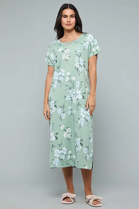 أر أند بي Floral Print Nightdress with V-Neck and Short Sleeves