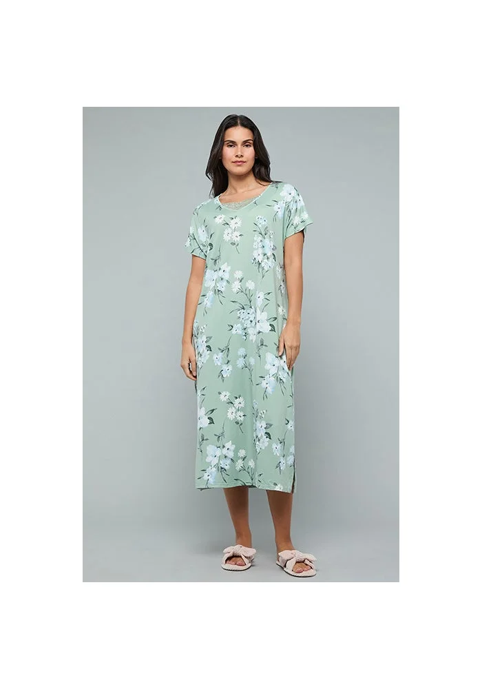 R&b Floral Print Nightdress with V-Neck and Short Sleeves