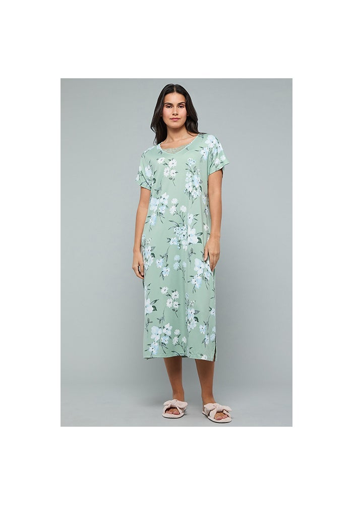 R&B Floral Print Nightdress with V-Neck and Short Sleeves - Image 2