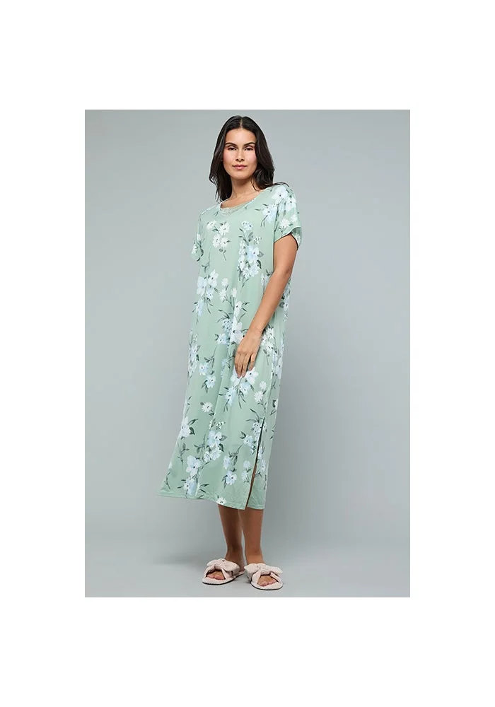 R&b Floral Print Nightdress with V-Neck and Short Sleeves