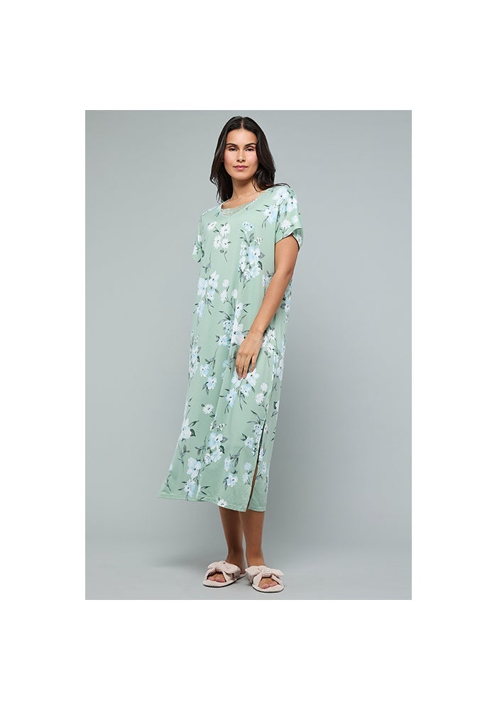 R&B Floral Print Nightdress with V-Neck and Short Sleeves - Image 1