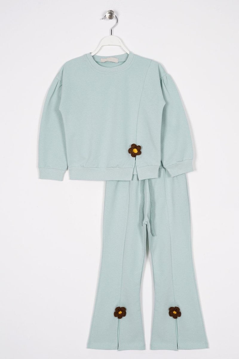Zepkids Crew Neck Long Sleeve Daisy Detailed Long Sleeve Cagla Green Color Girl Tracksuit Set  - Image 1