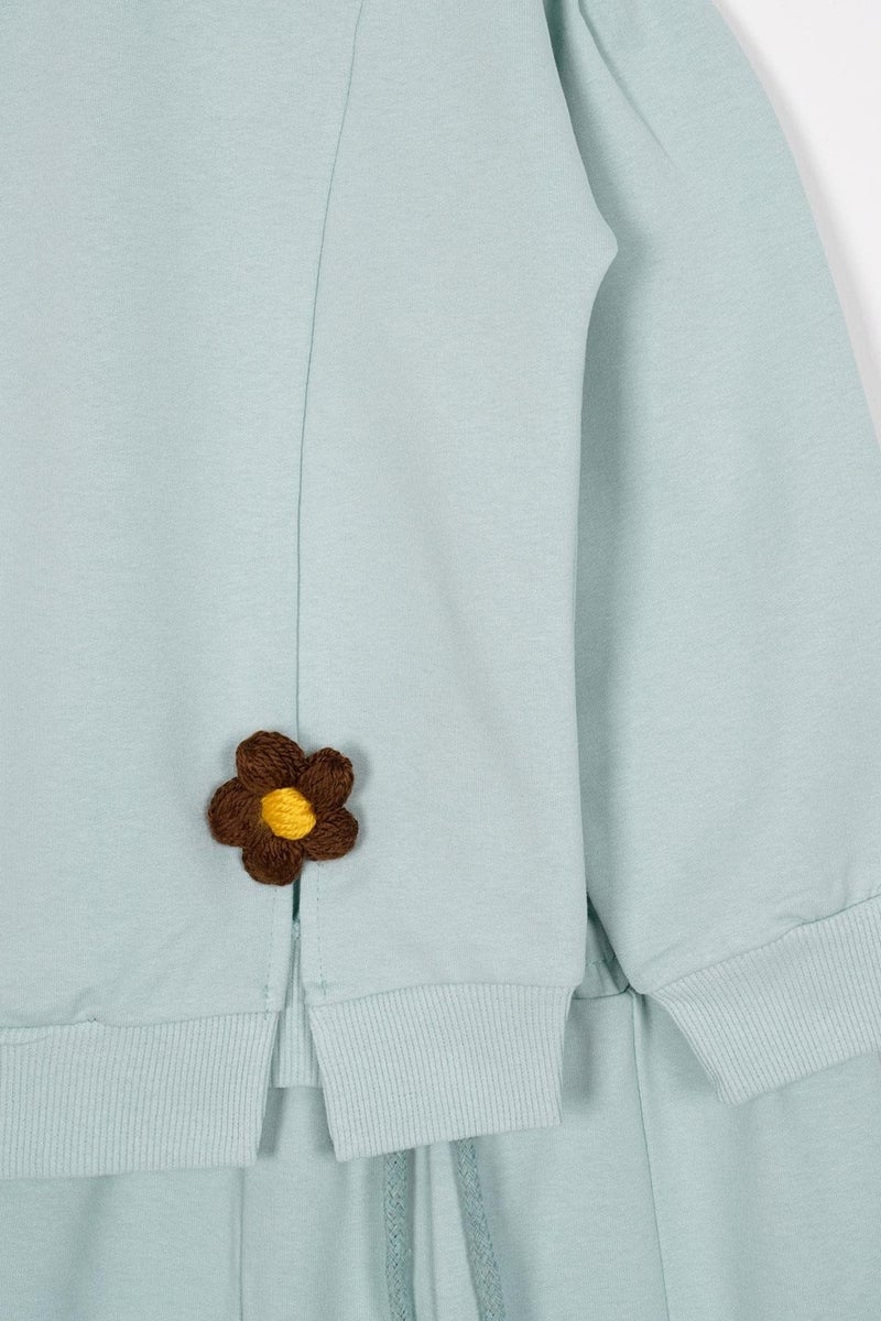 Zepkids Crew Neck Long Sleeve Daisy Detailed Long Sleeve Cagla Green Color Girl Tracksuit Set  - Image 3