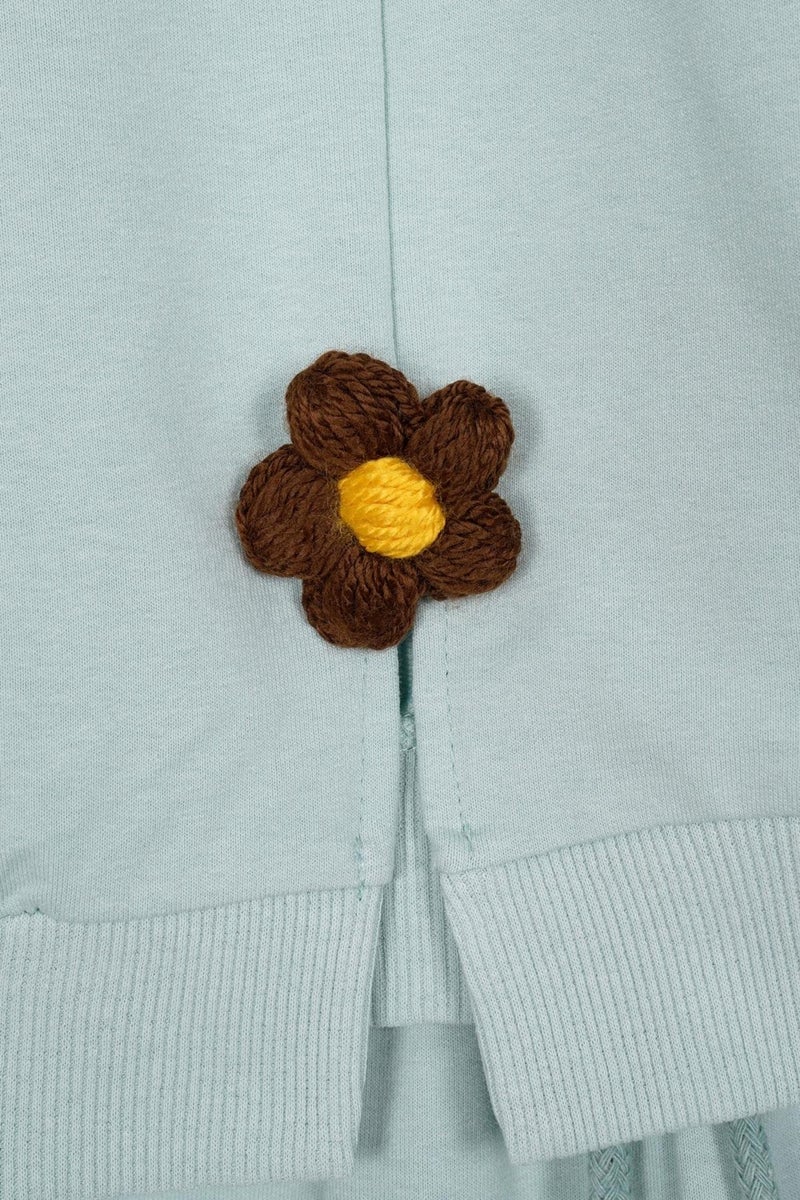 Zepkids Crew Neck Long Sleeve Daisy Detailed Long Sleeve Cagla Green Color Girl Tracksuit Set  - Image 2