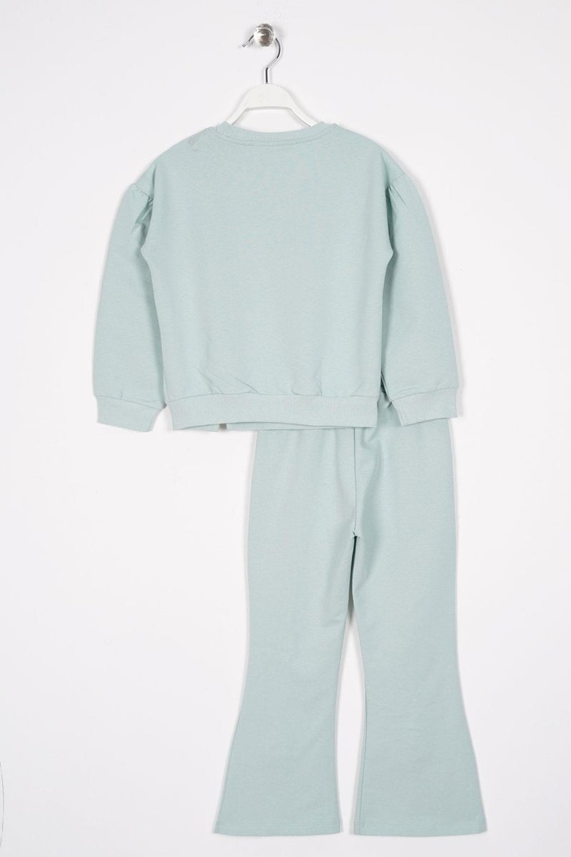 Zepkids Crew Neck Long Sleeve Daisy Detailed Long Sleeve Cagla Green Color Girl Tracksuit Set  - Image 4