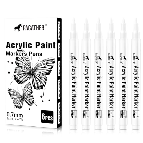 Pagather Acrylic White Paint Pens - 6 Pack 0.7mm Extra Fine White Paint Marker for Rock Painting, Wood, Metal, Fabric, Plastic, Canvas, Glass, Ceramic, Diy Crafts - Image 1