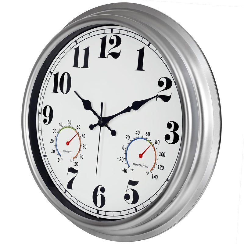 JENLYSTIME 16 Inch Silver Vintage Waterproof Indoor/Outdoor Wall Clock with Thermometer & Hygrometer, Large Numerals & Silent Sweep Movement - Ideal for Porch, Garden, Pool - Image 2