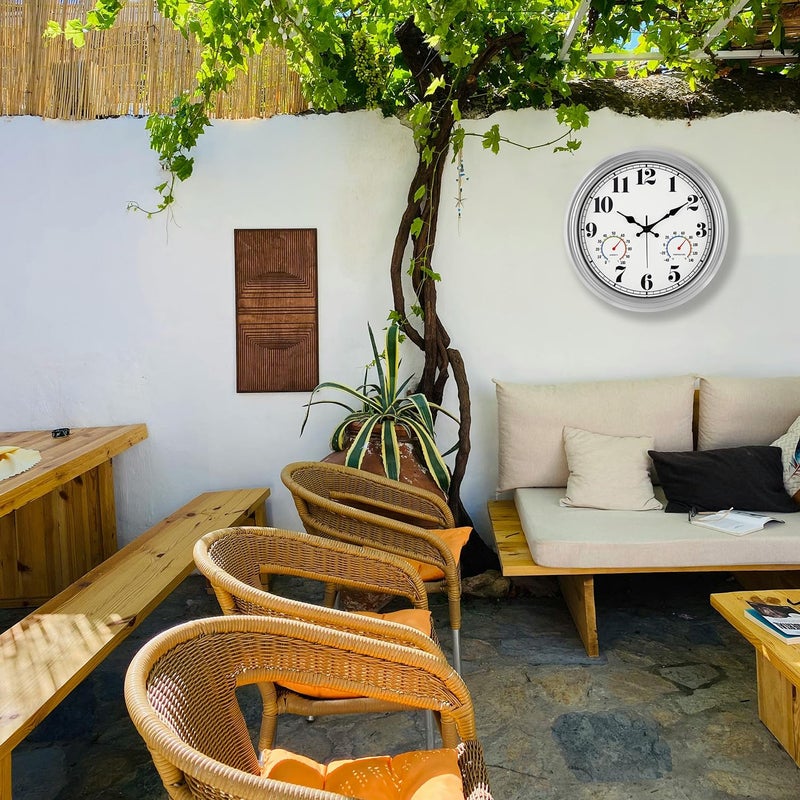 JENLYSTIME 16 Inch Silver Vintage Waterproof Indoor/Outdoor Wall Clock with Thermometer & Hygrometer, Large Numerals & Silent Sweep Movement - Ideal for Porch, Garden, Pool - Image 4