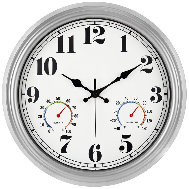 JENLYSTIME 16 Inch Silver Vintage Waterproof Indoor/Outdoor Wall Clock with Thermometer & Hygrometer, Large Numerals & Silent Sweep Movement - Ideal for Porch, Garden, Pool - Image 1