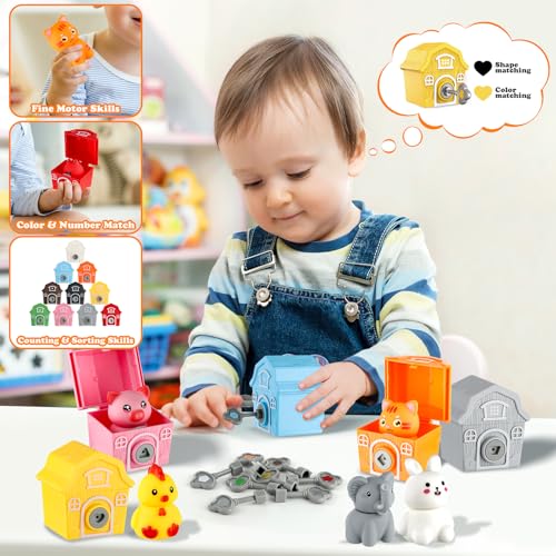 Grarain Toddler Learning Farm Barn Animals Toys Includes 10 Animals 10 Barns10 Keys Montessori Counting Matching Sorting Educational Farm Animal Toys for Kids - Image 4