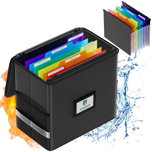 ZOOPIP Fireproof File Box with Hanging File Folders, 7x1.2 Accordion Pockets, Hanging File Organizer for Letter Size, Retractable Hook, 1/3-Cut Tab (Folders+Box-12.6''*7.8''*9.8'') - Image 1