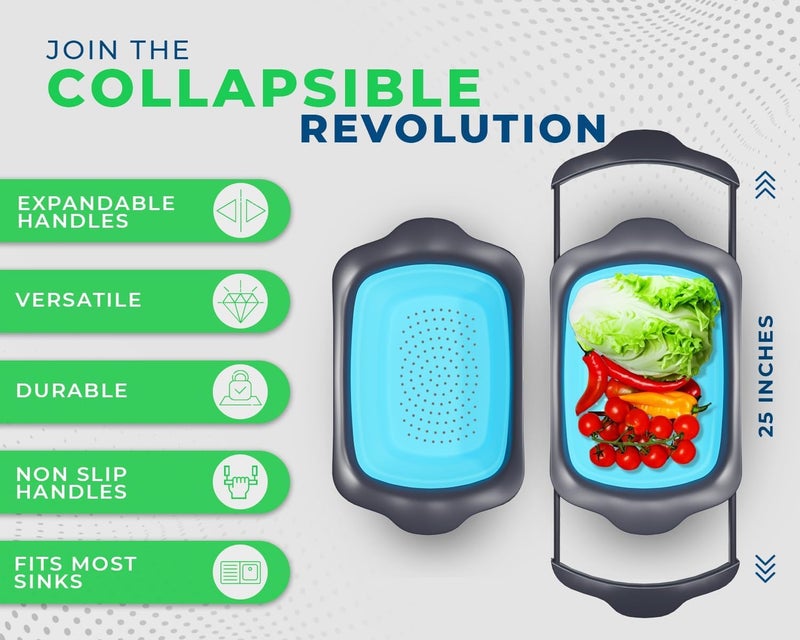 Comfify XL Large Kitchen Strainer by - Collapsible Silicone Over - The-Sink Colander with Extendable Handles - Use with Pasta, Fruit, Berries & Veggie - 6 Quart - Blue - Image 2