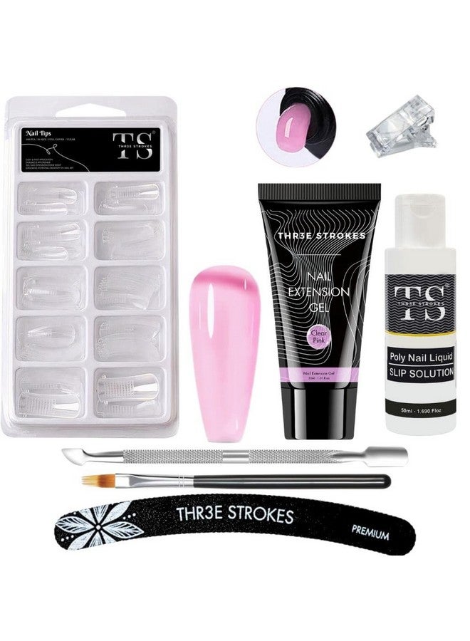 THR3E STROKES PolyGel Nail Extension Kit, Pink White Poly Nail Gel Builder Sheer Pink Nail Gel Clear Nail Art Kit with Poly Brush and Slip Solution Nail Salon, 30ml PolyGel, 1 Gel Brushes, Cuticle Pusher, Nail File, Clip, 30ml Slip Solution (simple kit ) (CLEAR PINK) - Image 1