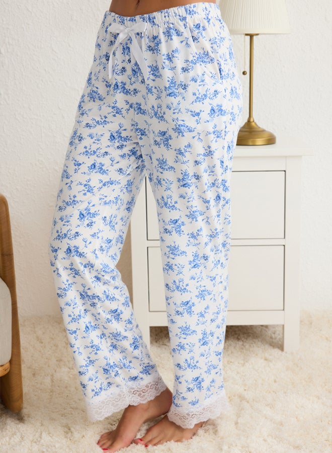 trendyol Blue-Multicolored Floral Lace and Ribbon/Bow Detail Viscose Knitted Pajama Set - Image 4