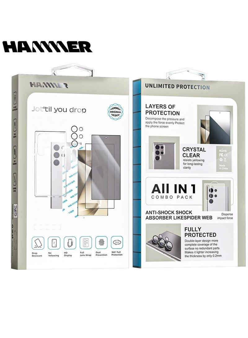 Samsung S25 ULTRA Complete Hammer Package, Anti-yellowing, Drop-resistant, Slim Crystal Case, Full Lens Protection, Anti-scratch Comes with 2 Clear Front Protectors and a Cover