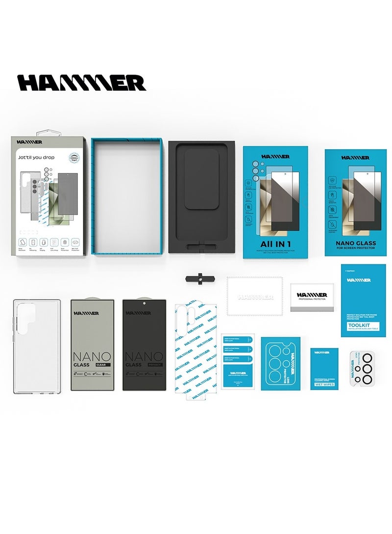 Samsung S25 ULTRA Complete Hammer Package, Anti-yellowing, Drop-resistant, Slim Crystal Case, Full Lens Protection, Anti-scratch Comes with 2 Clear Front Protectors and a Cover