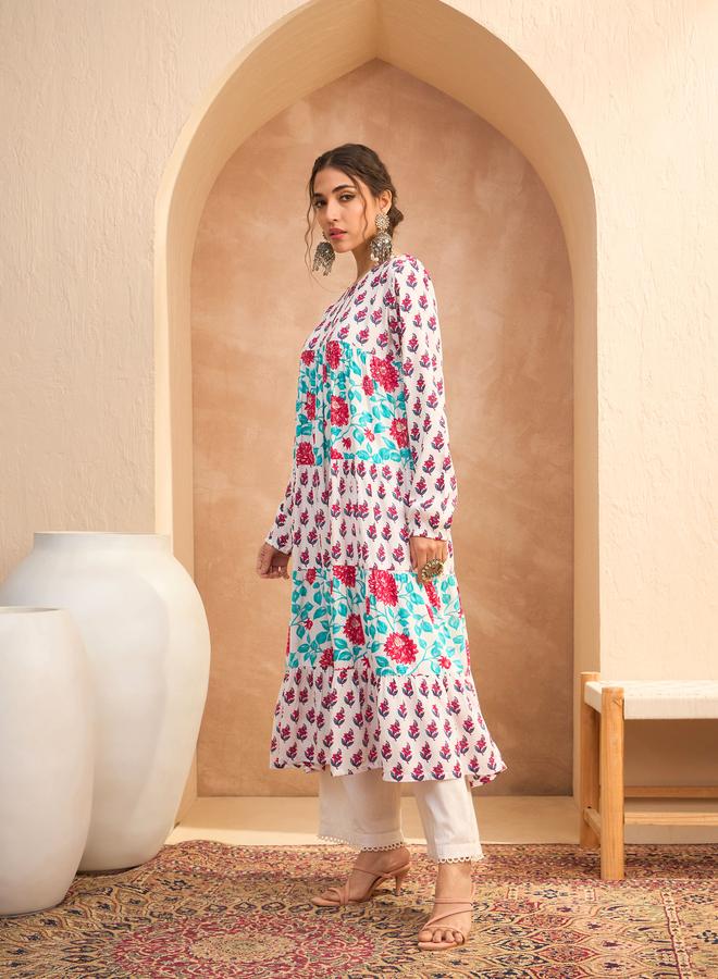 SASSAFRAS White Floral Print Tiered Kurta - Image 3