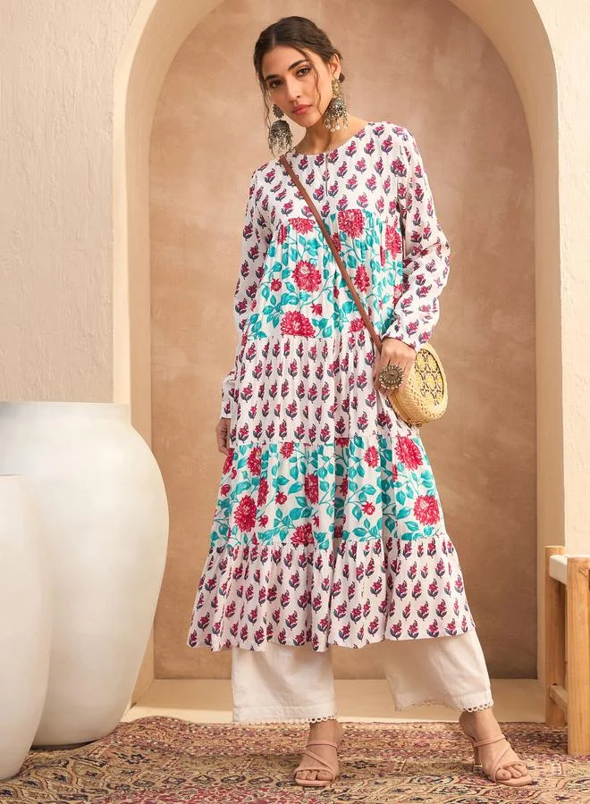 SASSAFRAS Sassafras White Floral Print Tiered Kurta
