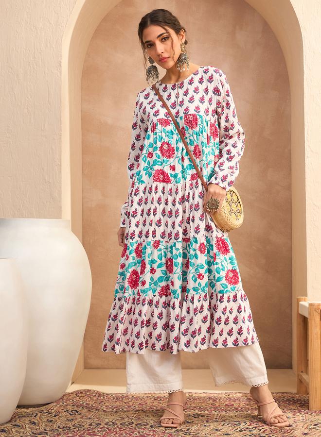 SASSAFRAS White Floral Print Tiered Kurta - Image 1