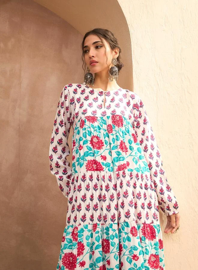 SASSAFRAS Sassafras White Floral Print Tiered Kurta