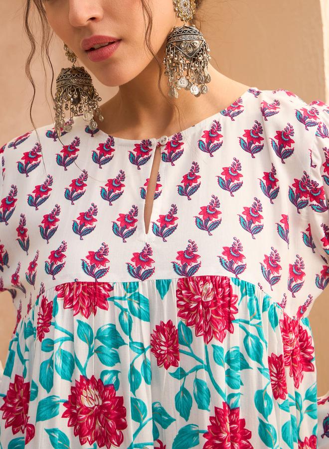 SASSAFRAS White Floral Print Tiered Kurta - Image 4