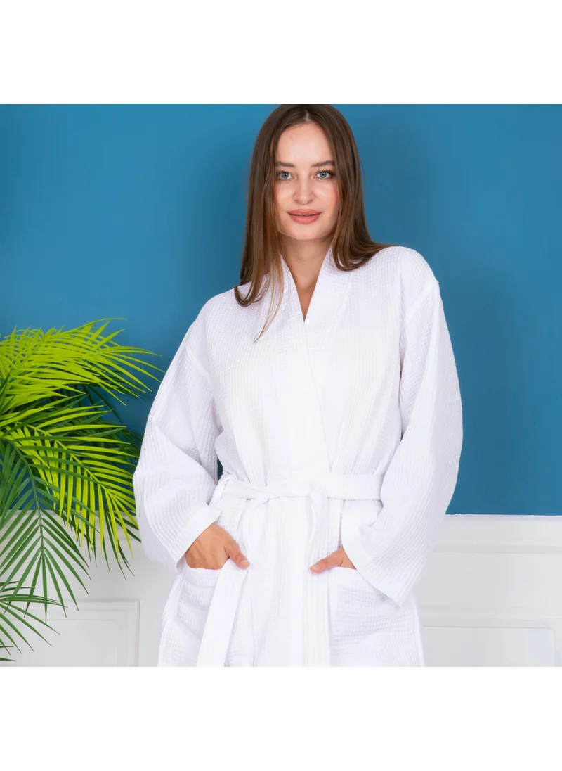 Caqqa Women's 100% Cotton 4 Seasons White Pique Dressing Gown & Bathrobe