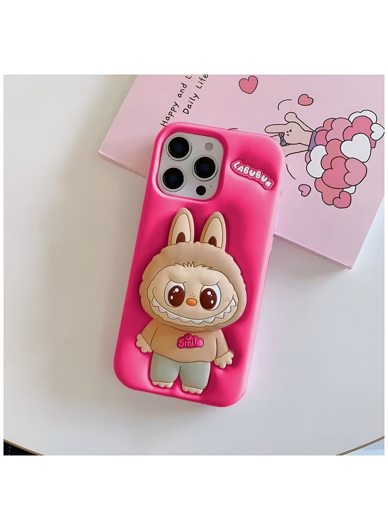 Wtech Apple iPhone 16 Pro Max 5G 2024 3D Labubu Cartoon Pop Case, Premium Soft Liquid Jelly Silicone Case with Phone Holder Cool Full Protective Cute Aesthetic Case Cover - Rose - Image 2