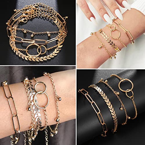 17IF 25 PCS(6 Pack) Dainty Boho Gold Chain Bracelets Set for Women Stackable Chunky Multipack Layered Bangles Adjustable Flat Cuff Cuban Punk Charm Bracelet Bundle Jewelry - Image 5