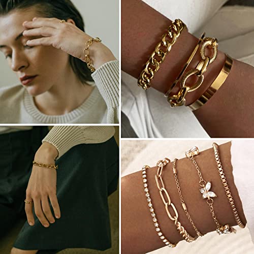 17IF 25 PCS(6 Pack) Dainty Boho Gold Chain Bracelets Set for Women Stackable Chunky Multipack Layered Bangles Adjustable Flat Cuff Cuban Punk Charm Bracelet Bundle Jewelry - Image 3
