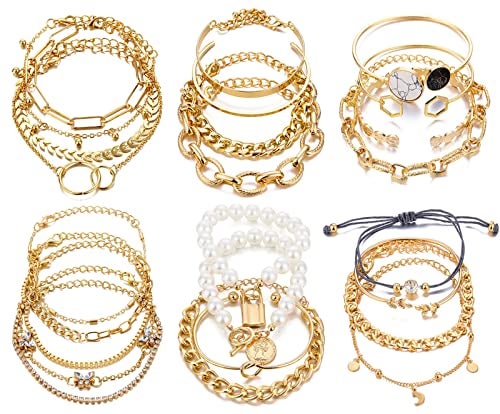 17IF 25 PCS(6 Pack) Dainty Boho Gold Chain Bracelets Set for Women Stackable Chunky Multipack Layered Bangles Adjustable Flat Cuff Cuban Punk Charm Bracelet Bundle Jewelry - Image 1