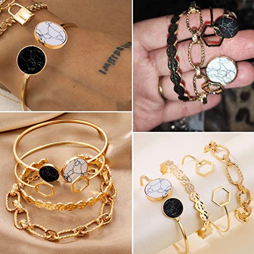 17IF 25 PCS(6 Pack) Dainty Boho Gold Chain Bracelets Set for Women Stackable Chunky Multipack Layered Bangles Adjustable Flat Cuff Cuban Punk Charm Bracelet Bundle Jewelry - Image 2