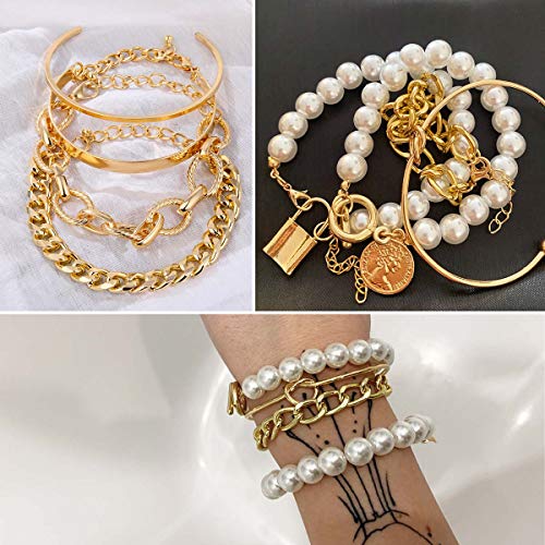 17IF 25 PCS(6 Pack) Dainty Boho Gold Chain Bracelets Set for Women Stackable Chunky Multipack Layered Bangles Adjustable Flat Cuff Cuban Punk Charm Bracelet Bundle Jewelry - Image 4