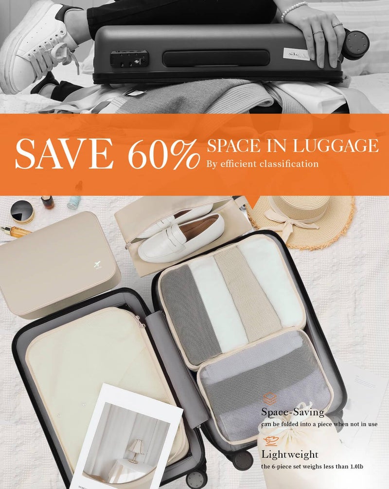 HOTOR Packing Cubes for Suitcases - 6 Pieces, Light Packing Cubes for Travel, Premium Suitcase Organizer Bags Set, Space-Saving Luggage Organizers, Travel Accessories and Essentials, Beige - Image 4