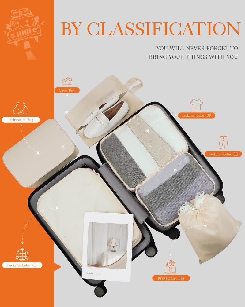 HOTOR Packing Cubes for Suitcases - 6 Pieces, Light Packing Cubes for Travel, Premium Suitcase Organizer Bags Set, Space-Saving Luggage Organizers, Travel Accessories and Essentials, Beige - Image 5