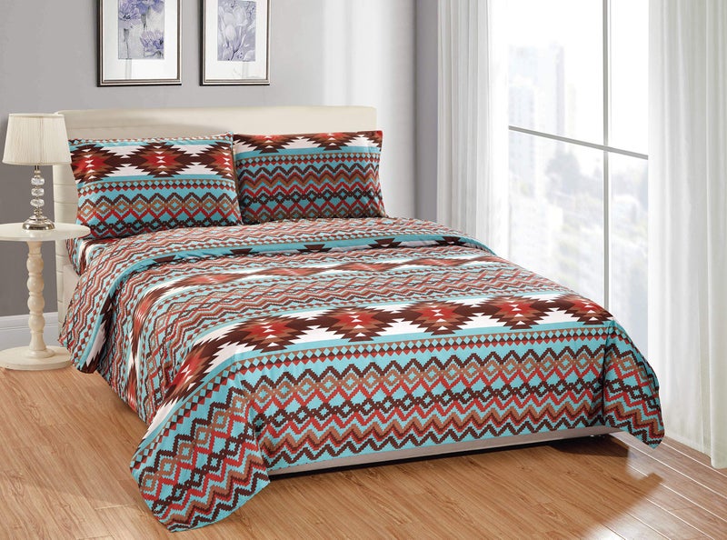 Rugs 4 Less Rugs 4 Less Rustic Southwestern Western Bedsheets Set with Navajo Tribal Native American Patterns in Turquoise Blue and Brown  Utah Bed Sheet Set Queen Turquoise 