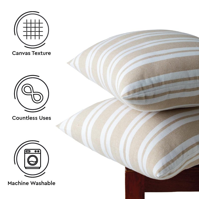 Encasa XO Christmas Farmhouse Throw Pillow Covers Set of 2 18x18 in Franca Beige Stripes | Decorative Cushion Covers No Inserts | Plaid and Stripes Pillow Covers for Living Room, Couch - Image 3