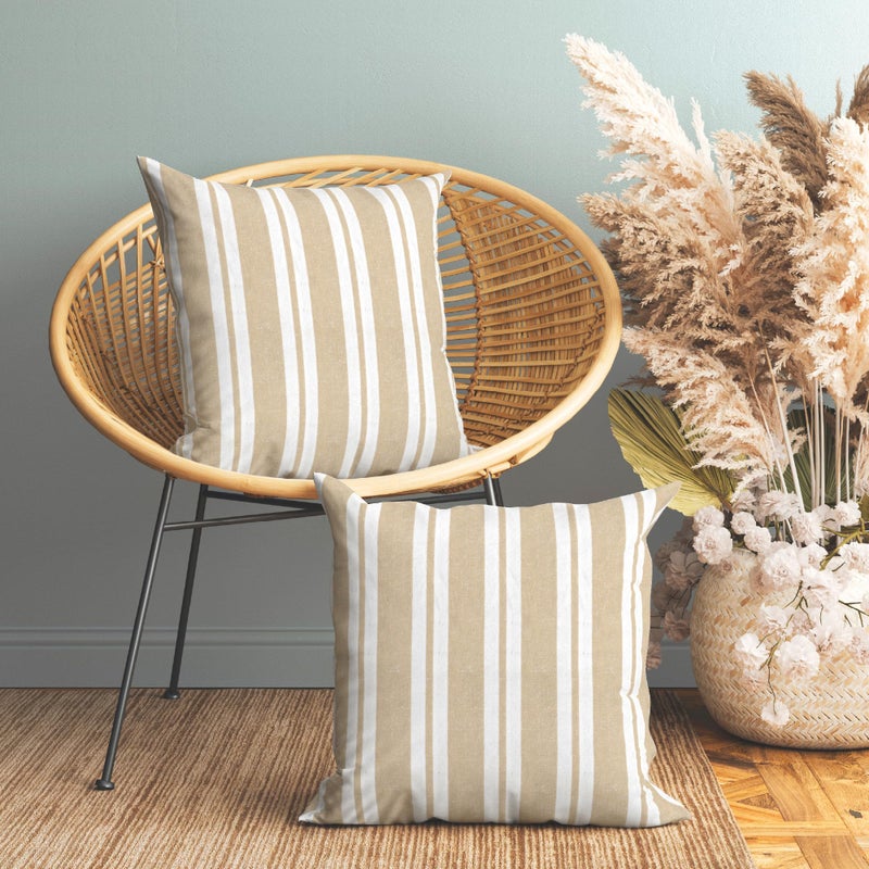 Encasa XO Christmas Farmhouse Throw Pillow Covers Set of 2 18x18 in Franca Beige Stripes | Decorative Cushion Covers No Inserts | Plaid and Stripes Pillow Covers for Living Room, Couch - Image 1
