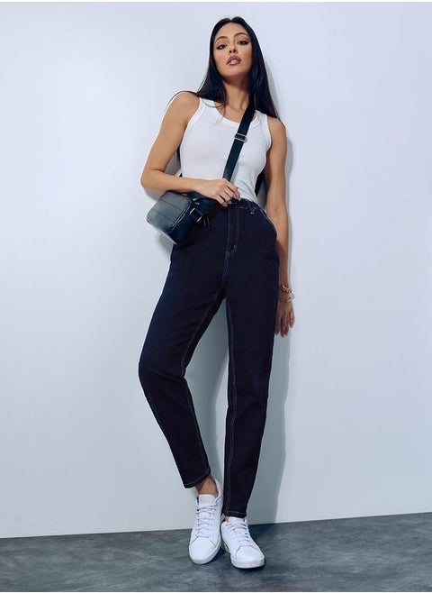 High Rise Elasticated Band Mom Fit Jeans