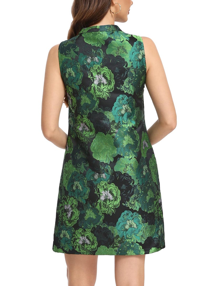 Ladyful Sleeveless Dress for Women Floral Jacquard Shift Dress Elegant Button Up Crewneck Tank Summer Mini Dresses Green - Image 3
