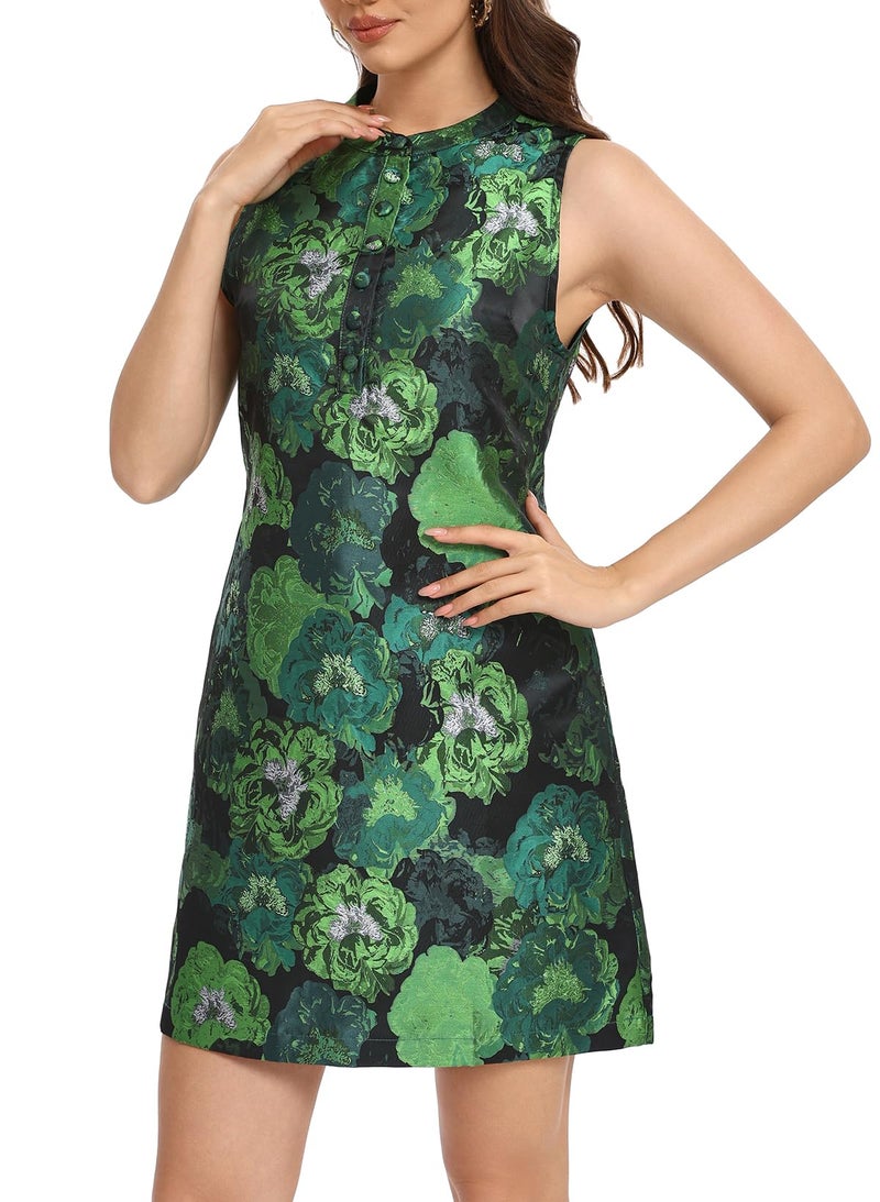 Ladyful Sleeveless Dress for Women Floral Jacquard Shift Dress Elegant Button Up Crewneck Tank Summer Mini Dresses Green - Image 2